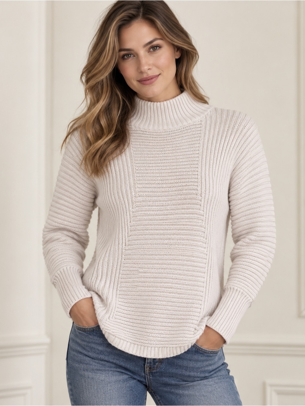 Anthropologie Akini Ribbed Mock Neck Sweater Cream S
